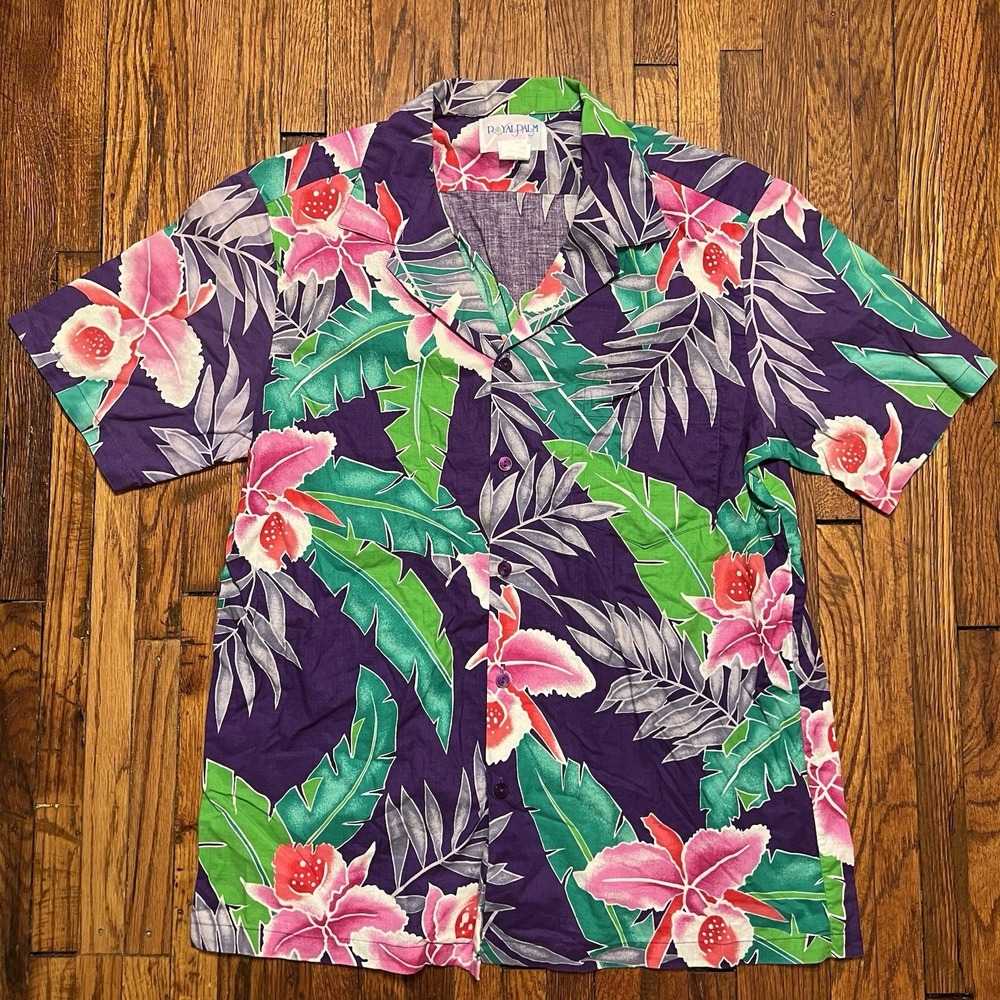 Royal Palm Hawaii Hawaiian Shirt Size Large Floral Purple EUC Vintage